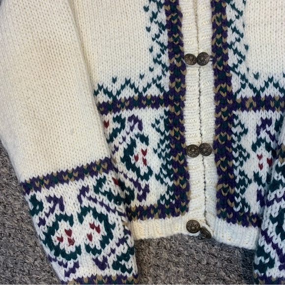 VTG Chunky Handknit Metal Button Nordic Ski Wool Blend Cardigan Sweater - Picture 7 of 12